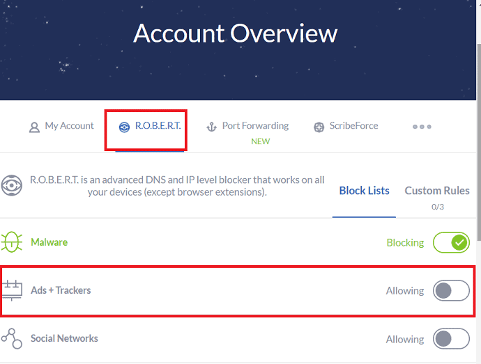 enable Ads+Trackers option-To-Know-How-To-Block-Ads-Using-R.O.B.E.R.T-by-Windscribe