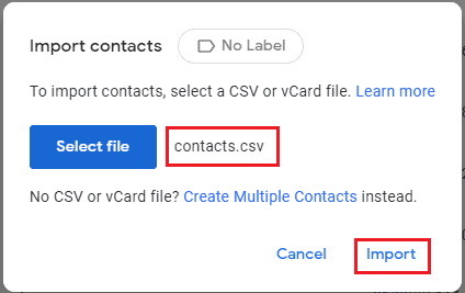 contacts file was selected