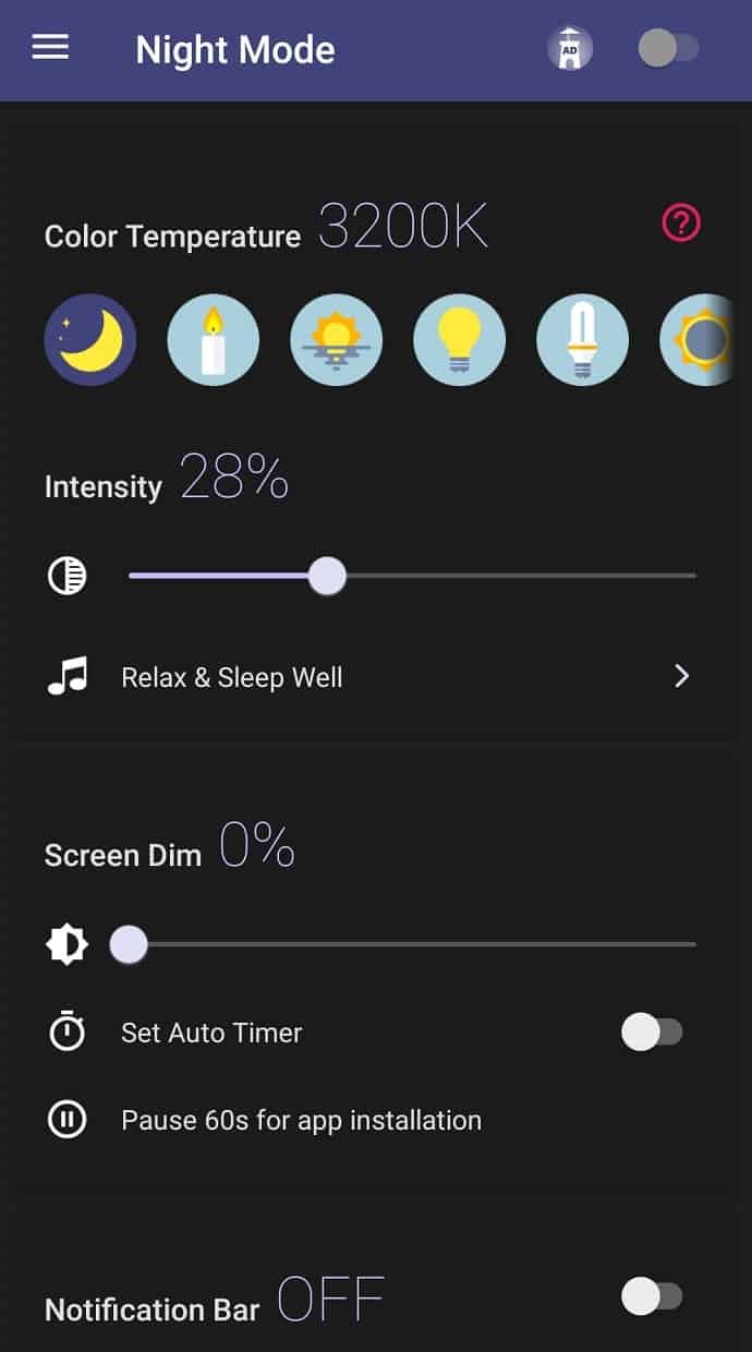 Blue Light Filter Android application settings