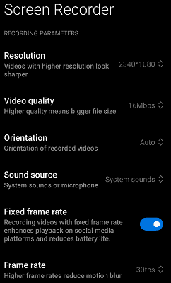 Screen Recorder settings