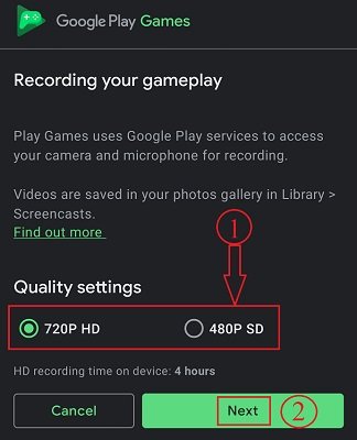 Google Play games recording settings