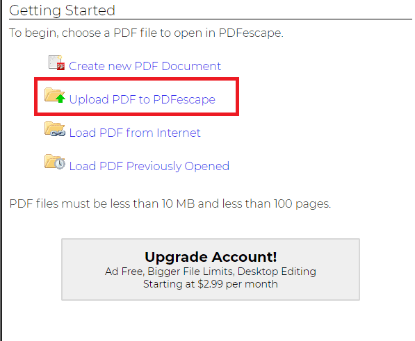 Upload PDF in PDFescape