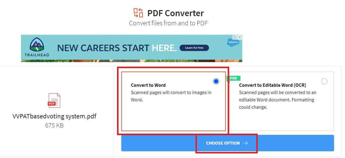 Choose an option in Smallpdf