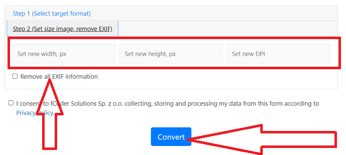 Set the size of the image and click on convert.