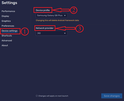 Bluestacks Device settings