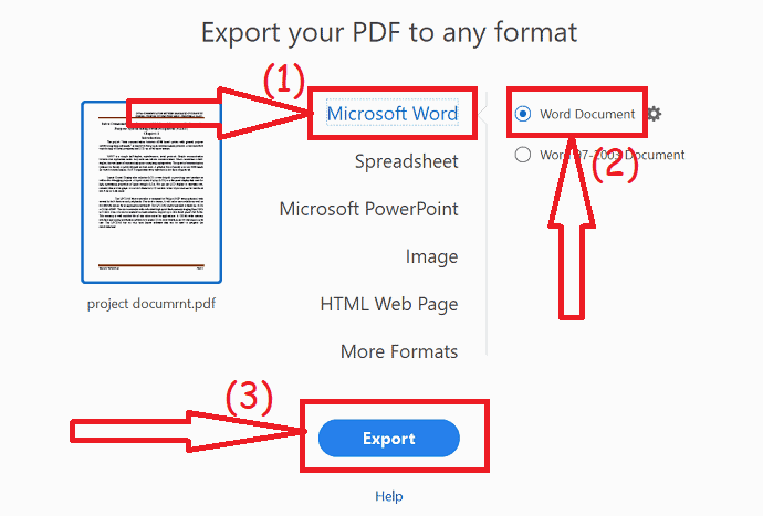 select the output format as Word and click on export.