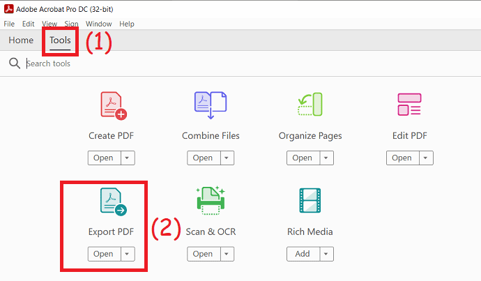 Export PDF option in Adobe Acrobat DC