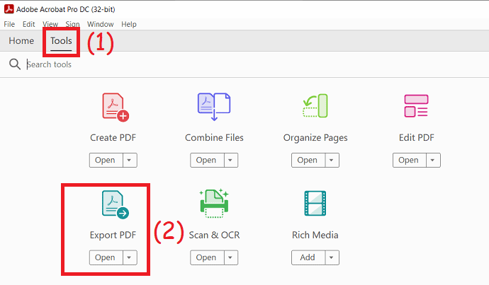 selection of the export tool.