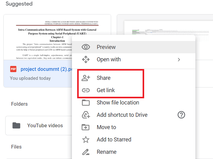 selection of share or get link option