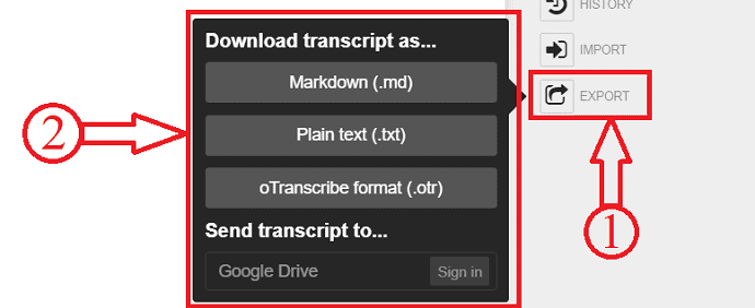 Export options in OTranscribe