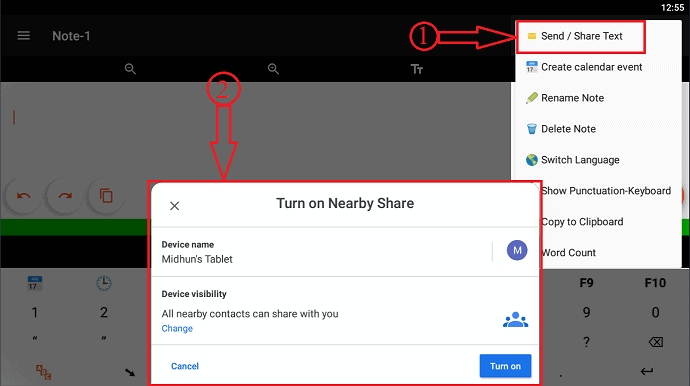 Sharing options in Voice notes app