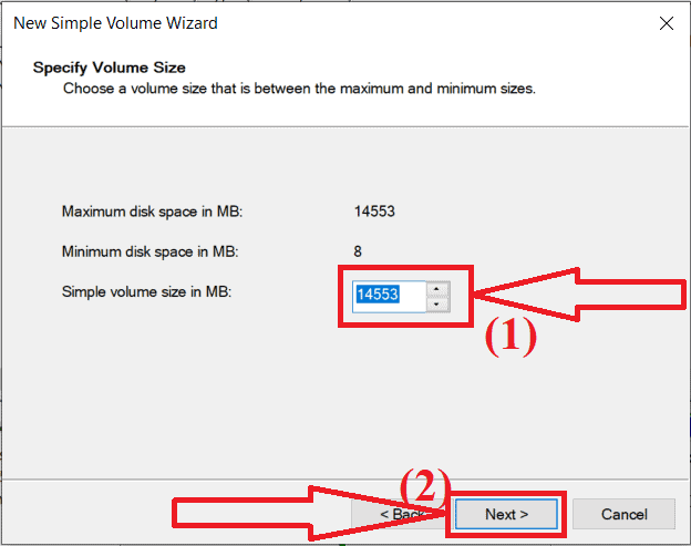 select the simple volume size