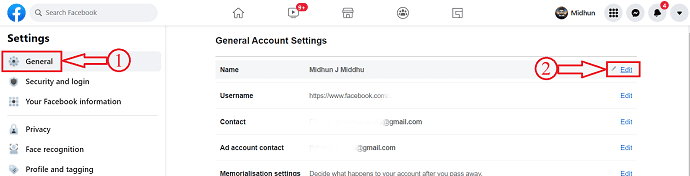 General settings on Facebok