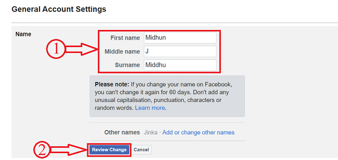 Name change on Facebook