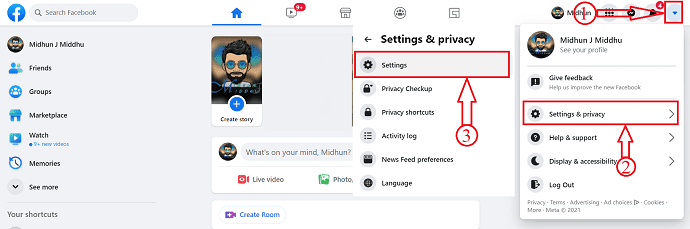 Settings option on Facebook