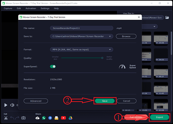 Export in Movavi Screen Recorder