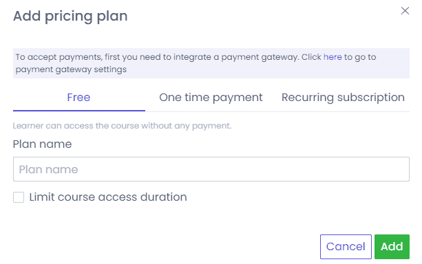 Add Pricing plan to the created course