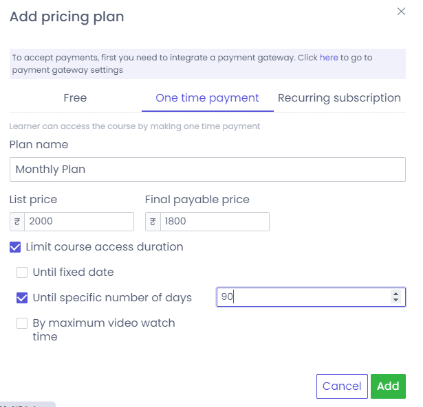 One time payment options