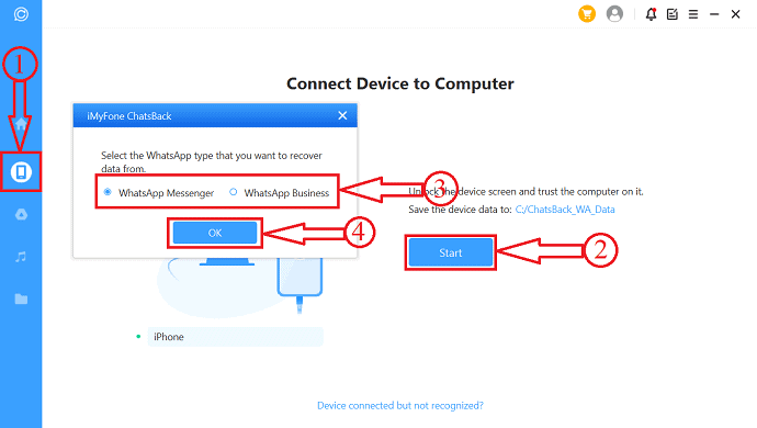 Connect device iMyFone ChatsBack