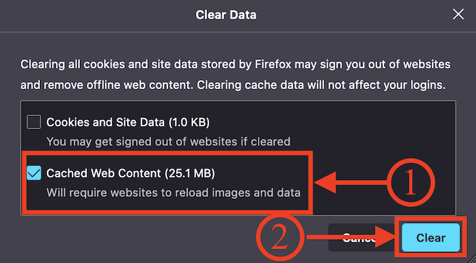Cached Web Content option in Mozilla Firefox