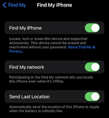 Find My iPhone Settings