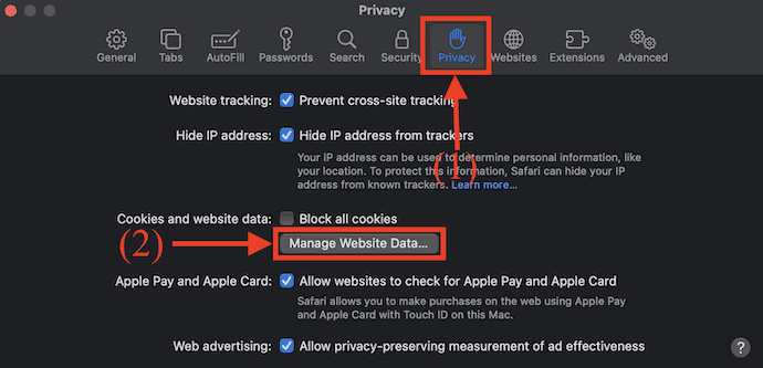 Manage Website Data option in Safari Browser