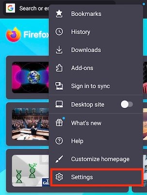 Settings in Firefox Android