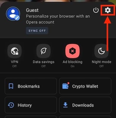 Settings option in Opera Android