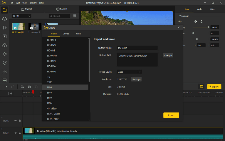 Export options in TunesKit AceMovi Video Editor