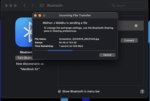 Bluetooth File Transfer status