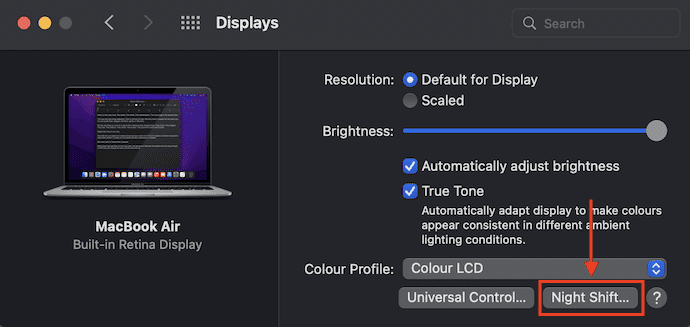 Night Shift option in Displays option