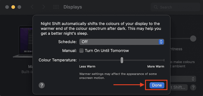 Options available in night shift feature