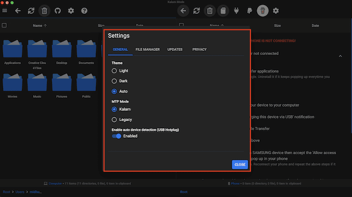 OpenMTP settings