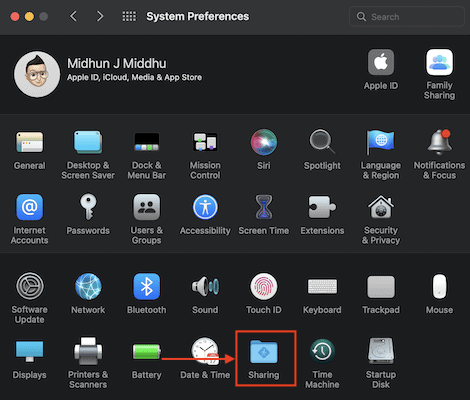 Sharing option in System Preferences of Mac