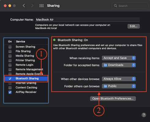 Bluetooth sharing settings on Mac