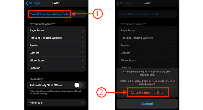 Clear History and Website Data option in iPhone