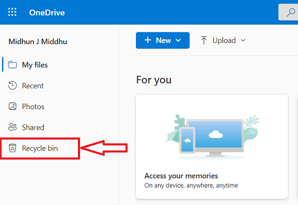 Recycle Bin option in OneDrive