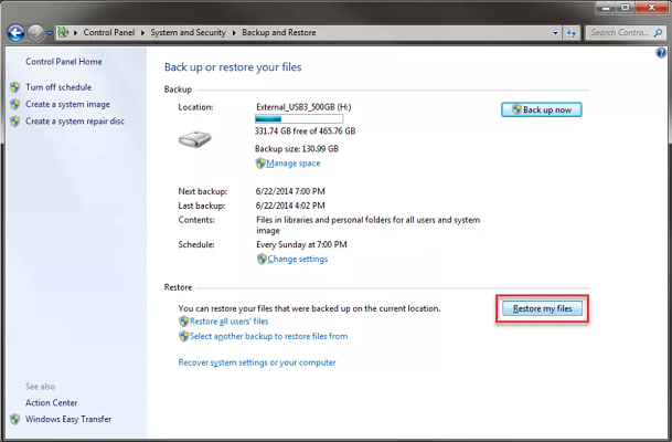 Restore My Files in Windows 7