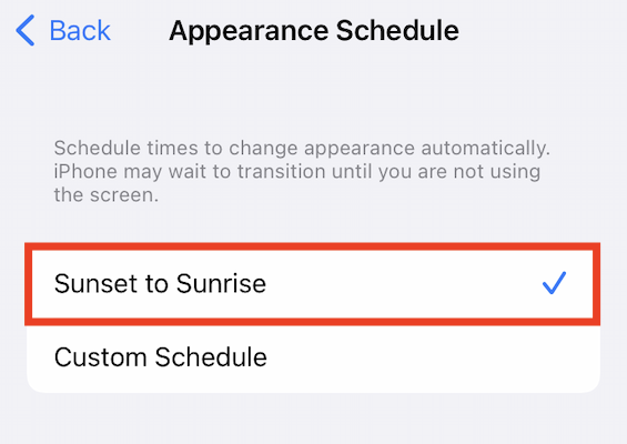 Sunset to sunrise option for Dark Mode on iPhone