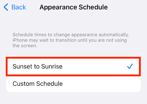 Sunset to sunrise option for Dark Mode on iPhone