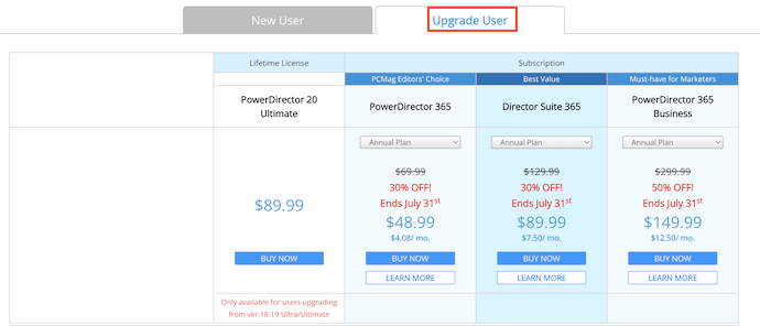 Cyberlink Power Director 365 Upgrade user pricing