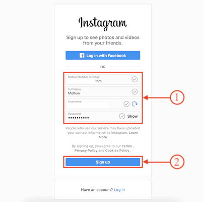 Enter details to create an Instagram Account