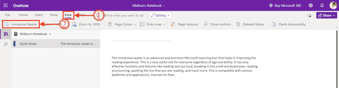 Immersive Reader option in OneNote