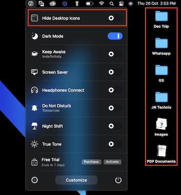 Hide Desktop Icons option in One Switch application