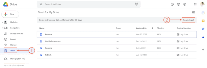 Empty trash in Google Drive