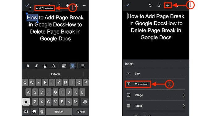 Add Comment option in Google Docs on iOS