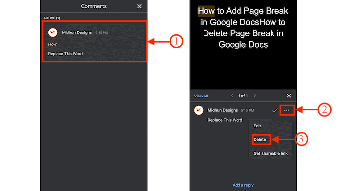 Delete Comment in Google Docs on iOS