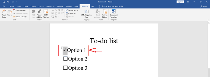 Check-in the checkbox in Microsoft Word