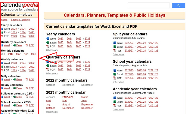 Calendarpedia front page