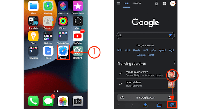 Tabs icon in Safari browser